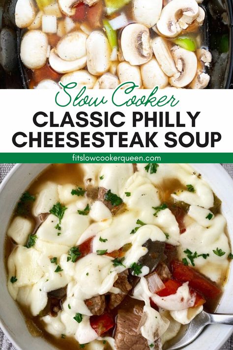 This slow cooker classic Philly cheesesteak soup is just like a classic Philadelphia cheesesteak sandwich, but in soup form. Tender pieces of beef slow cook with onions, bell peppers, mushrooms, and a homemade seasonings blend. Add the cheese at the end for a melty, cheesy delight in each spoonful. Philly Cheese Steak Soup Crock Pot, Steak Soup Crockpot, Philly Cheese Steak Stew, Slow Cooker Cheesesteak, Philly Cheese Steak Soup, Cheese Steak Soup, Philly Cheesesteak Soup, Philly Cheese Steak Crock Pot, Cheesesteak Soup