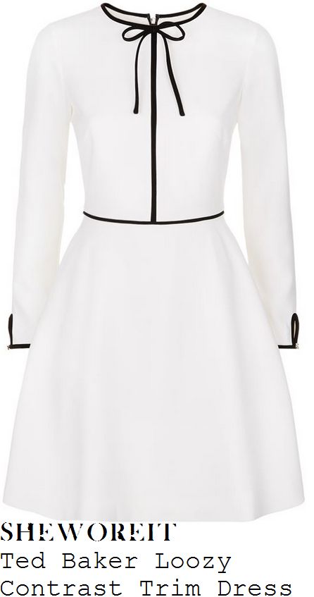 holly-willoughby-ted-baker-loozy-cream-white-and-black-long-sleeve-contrast-bow-tie-and-piping-trim-detail-high-waisted-fit-and-flare-dress White Flare Dress, Monochrome Dress, Braided Dress, White Women Dresses, White Fitted Dress, Woman Dresses, White Woman, Minimal Wedding, Trim Dress