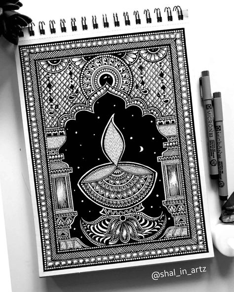 Diwali Sketch Ideas, Sketch For Diwali, Diwali Drawing Mandala, Diwali Mandala Art Ideas, Lamp Mandala Art, Diwali Drawing Sketch, Mandala Art For Diwali, Temple Mandala Art, Drawing On Diwali