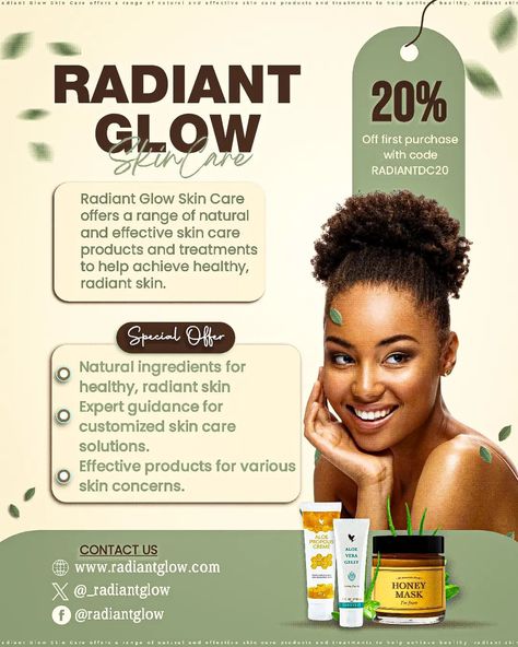 Radiant Glow skin Care flyer design For a dummy client. Lemme know what you think in the comments Like & share . .. ... .. . #skincare #flyerdesign #skinglow #donchris_graphics #creativesdom #creativity #explorerpage #fypシ Skincare Flyer Design, Skin Care Flyer Design, Skincare Poster, Skin Care Products Design, Glow Skin, Effective Skin Care Products, Skin Care Brands, Skin Care Solutions, Mens Skin Care