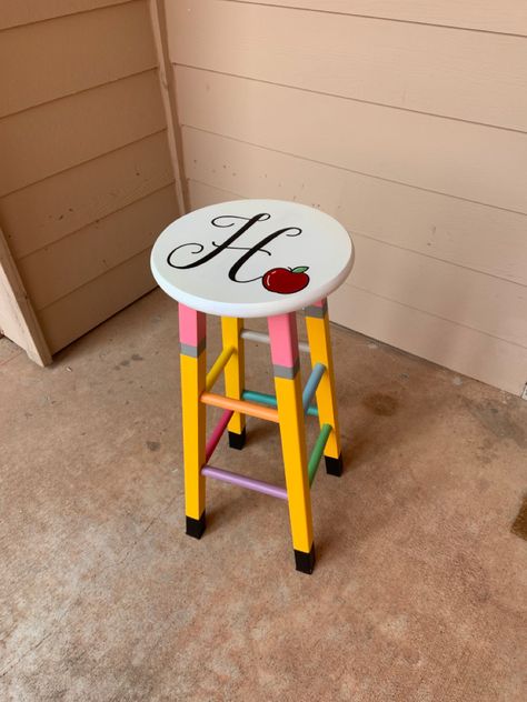 Diy Teacher Stool, Teacher Stools Painted Diy, Painted Classroom Chair, Painted Teacher Stool, Teacher Stool, Cute Painted Stools, Teacher Painted Rocking Chair, Teacher Stools, Teacher Chairs