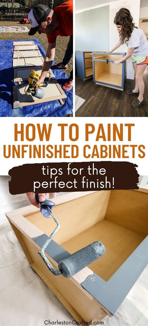 How To Paint New Cabinets, How To Paint Unfinished Wood, How To Paint Cupboards, Hampton Bay Unfinished Kitchen Cabinets, Installing Kitchen Cabinets Diy, How To Paint Stock Cabinets, How To Paint Unfinished Cabinets, How To Install Base Cabinets, Painting Stock Cabinets