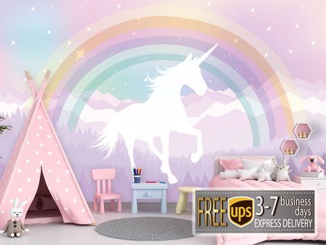 Unicorn Rainbow Wallpaper Ombre Mountains With Rainbow Wall | Etsy UK Unicorn Mural, Pastel Rainbow Wallpaper, Unicorn Wall Mural, Ombre Mountains, Rainbow Wall Mural, Rainbow Mural, Rainbow Bedroom, Kindergarten Wallpaper, Wallpaper Adhesive