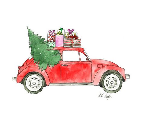 W Holiday Car, Car Christmas, Christmas Tree Art, Christmas Painting, Holiday Painting, Christmas Car, Home For The Holidays, Christmas Tree With Gifts, Red Car