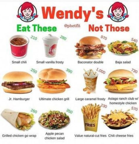 Wendys Calories, Low Calorie Fast Food Meals, Low Calories Fast Food, Low Cal Food Swaps, Health Fast Food Choices, Low Calorie Fast Food Lunch, Healthy Eating Fast Food, Fast Food Low Calorie, Healthy Take Out Options Fast Foods