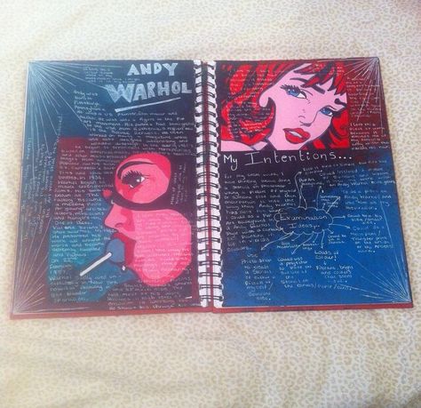 Andy Warhol study and intention pages My Art GCSE book  Year 11 Andy Warhol Gcse Sketchbook, Andy Warhol Research Page, Research Pages Art, Andy Warhol Artist Research Page, Textiles Portraits, Gcse Artists, Menstruation Art, Learning Diary, Identity Artwork