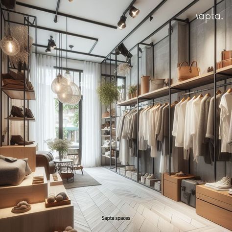 A blend of Scandinavian and Industrial styles. The white ceiling and wooden herringbone pattern floor are characteristic of the clean and natural elements found in Scandinavian design. The concrete textured painted wall and lights with exposed connections from the ceiling are elements typically found in Industrial design. The simple shelves for clothes add a functional and minimalist touch, which is common in both styles. #sapta #saptaspaces #designer #interiorideas #design #lights #neutral... Modern Boutique Interior, Shelves For Clothes, Simple Shelves, Boutique Interiors, Clothes Shelves, Painting Textured Walls, Vegetable Leather, Concrete Texture, Sustainable Textiles