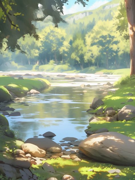 Forest Setting Drawing, River Environment Concept Art, Beach Background Drawing, River Concept Art, River In Forest, Environments Art, River Drawing, Forest Drawing, 3d Wall Painting