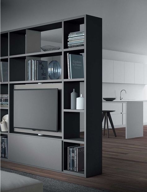 Tv Divider Ideas, Divider Wall Ideas With Tv, Tv Room Divider, Room Divider Tv, Tv Divider, Tv Stand Room Divider, Metal Room Divider, Modern Room Divider, Living Room Divider