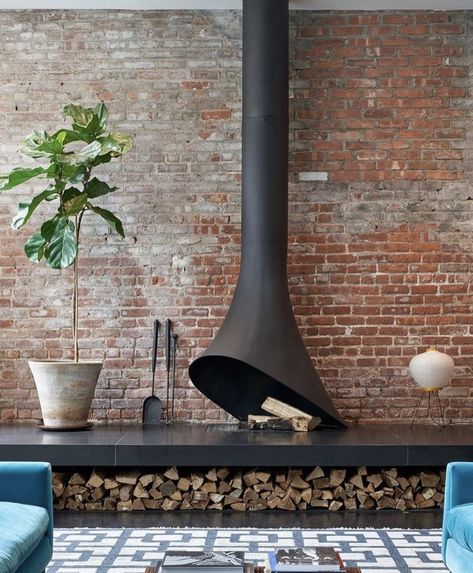 Paros Island, Unique Floor Plans, Duplex Design, Brooklyn Apartment, Exposed Brick Walls, Brick Walls, Renovation Design, Dark Interiors, Spacious Living Room