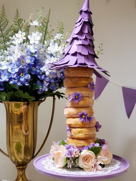 Enchanting Rapunzel Birthday Party - Brass Pine Rapunzel Birthday Cake, Donut Tower, Rapunzel Birthday, Tangled Birthday Party, Rapunzel Birthday Party, Butterfly Pea Flower Tea, Princess Birthday Party Decorations, Tangled Birthday, Princess Theme Birthday