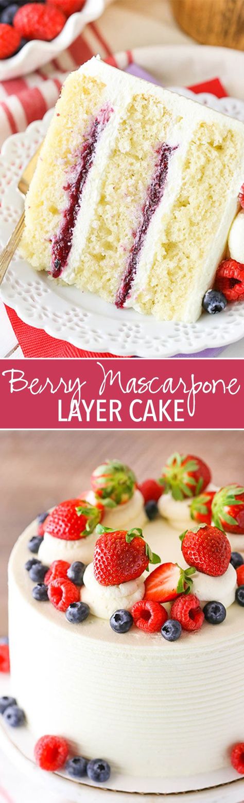 Berry Mascarpone Layer Cake - layers of moist vanilla cake, fresh berry filling and whipped mascarpone frosting! Best Fruitcake, Berry Filling, Whipped Mascarpone, Mascarpone Frosting, Moist Vanilla Cake, Torte Cupcake, Fruitcake Recipes, Food Cakes, Healthy Dessert