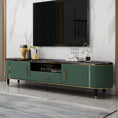 78.7" Modern Oval TV Stand Faux Marble Top Green Media Stand with 2 Doors & 1 Drawer Oval Tv Stand, Modern Tv Unit Designs, Tv Stand Designs, Tv Cabinet Design, Modern Tv Units, Tv Wall Decor, Media Stand, Tv Unit Design, Tv Wall Design