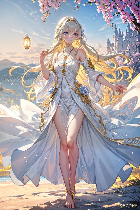 "Discover the ethereal elegance of a serene sunset with our digital painting. A slender girl, adorned in a white and gold-trimmed dress, stands amidst a vivid field, her gentle gaze and glowing lantern capturing the magic of golden hour. Perfect for dreamers and art lovers alike." Anime Summer Beach, Glowing Lantern, Sunset Adventure, Unique Dress Design, Enchanted Characters, Ancient Clothes, Cinderella Art, Blonde Anime, Solo Adventure