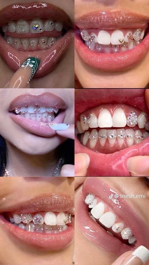 Cute Teeth Gem Ideas, Simple Teeth Gems, Diamond Teeth Jewelry, Toothgems Ideas, Teeth Gems Aesthetic, Teeth Gems Ideas, Grillz Teeth Female, Female Grills, Grills For Women