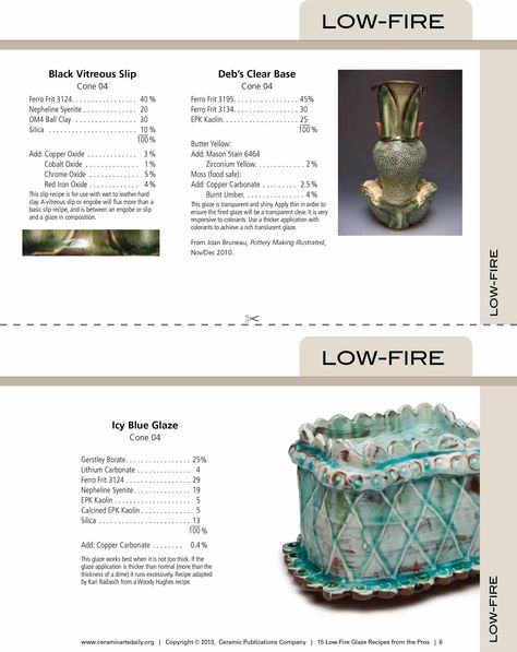 15 Low fire glaze recipes from the pros. Recipe cards for low-fire pottery gazes. www.ceramicartsdaily.com Low Fire Ceramics, Low Fire Glaze Recipes, Ceramic Recipes, Guatemalan Art, Ceramics Glaze, Glaze Pottery, Ceramic Glazes, Ceramic Glaze Recipes, Clay Studio