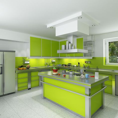 Modern green kitchen. 3D rendering of a modern spacious kitchen in green and chr #Sponsored , #Sponsored, #Sponsored, #green, #spacious, #chr, #kitchen Modern Kitchen Paint Colors, Modern Kitchen Paint, Hiasan Dalaman Dapur, Kitchen Cabinet Color Schemes, Lime Green Kitchen, Green Kitchen Designs, Model Dapur, Two Tone Kitchen Cabinets, Painted Kitchen Cabinets Colors