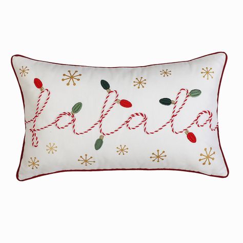 Deck the halls with this fabulous Falala Christmas cushion. It features beautifully embroidered lights and gold snowflakes. The 'fa-la-la' message is a rope embroidery in the colours of a candy cane. With this gorgeous cushion placed on your sofa, it will spruce up your grotto and create a warm welcome for your festive get-togethers. Garments Design, Rope Embroidery, Christmas Throw Pillows, Xmas Wishlist, Christmas Cushion, Craft Stalls, Christmas Bedding, Gold Snowflake, Christmas Cushions