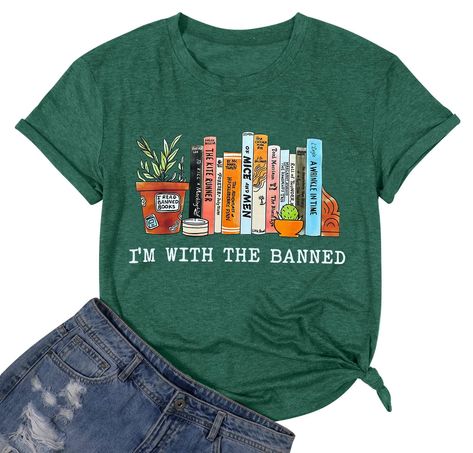 PRICES MAY VARY. Materials: This banned books tshirt is made of cotton blend materials, lightweight, breathable and stretchy, skin- friendly, comfy and soft to wear in all seasons; Features: I'm with the banned books shirt, i read banned books t-shirt, plants and flowers graphic tees, book lover shirts, librarian shirts, kindergarten teacher shirts, preschool teacher tshirts; Gift ideas: for book lovers, book nerd, bookworm, reading lovers, school librarian, readers, kindergarten preschool teach English Teacher Shirts, Book Lover Tshirt, Kindergarten Teacher Shirts, Librarian Shirt, Book Tshirts, Reading Shirts, Book Shirts, English Teacher, Loose Shorts