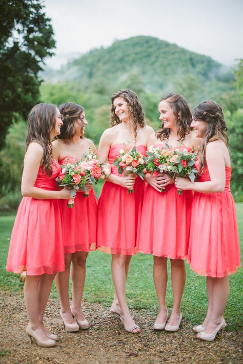 Coral bridesmaid dresses http://www.StyleMePretty.com/2014/03/04/coral-wedding-at-mountain-magnolia-inn/ D'Arcy Benincosa Photography Coral Color Wedding Theme, Coral Color Wedding, Coral Colored Bridesmaid Dresses, Color Wedding Theme, May Wedding Colors, July Wedding Colors, Coral Wedding Colors, Popular Wedding Colors, Coral Bridesmaid