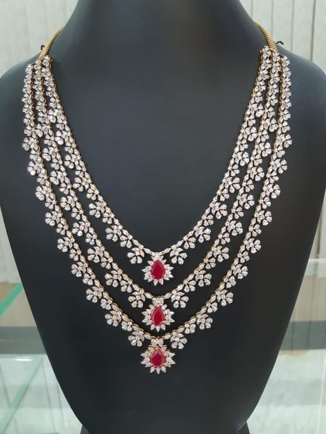 Layered Diamond Necklace Indian, Anushka Wedding, Durga Jewellery, Telugu Jewellery, Diamond Neckalce, Long Diamond Necklace, Diamond Haram, Ruby Necklace Designs, Diamond Necklace Indian