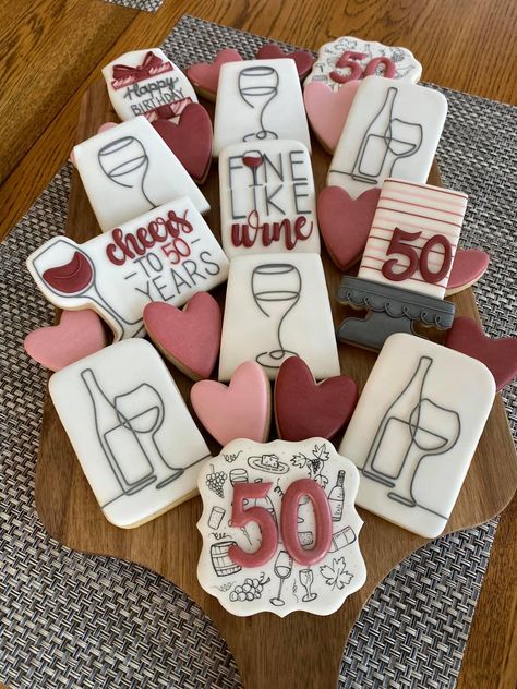 Wine Theme Cookies Decorated, Work Anniversary Cookies Decorated, 40th Birthday Winery Ideas, Winery Cookies, Wine Themed Cookies, Wine Cookies Decorated, Wine Glass Cookies, Decorated Birthday Cookies, Wine Cakes