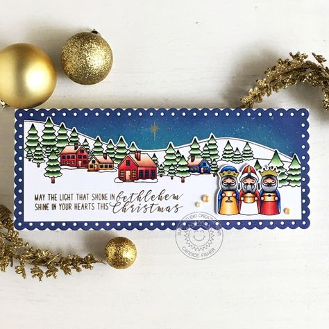 Sunny Studio Stamps: Winter Scenes Holy Night Slimline Dies Scenic Route Christmas Card by Candice Fisher The 3 Wise Men, Tree Borders, Sunnies Studios, Holiday Stamping, White Gel Pen, Christmas Stamps, Holy Night, Scenic Routes, Frame Shop