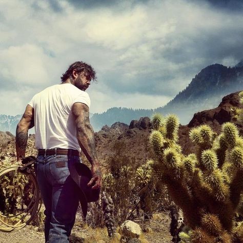 Tattooed Cowboy Aesthetic, Hard Photoshoot Ideas, Man Comforting Woman, Country Guy Aesthetic, Mountain Man Aesthetic, Tattooed Cowboy, Red Head Guy, Vintage Tattoo Men, Country Boy Aesthetic