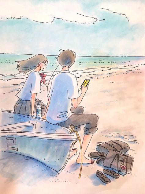 At The Beach Drawing, The Beach Drawing, Sitting At The Beach, Beach Drawing, Architecture Drawing Sketchbooks, C Anime, Ghibli Artwork, Scenery Paintings, Couple Wallpaper