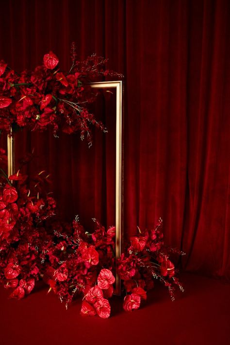 Red Velvet Decoration Ideas, Burgandy Backdrops, All Black Party With Red Roses, Burgundy And Red Wedding, Ruby Jubilee Party, All Red Wedding Reception, Black Wedding With Red Roses, All Red Party Decoration, Deep Red Wedding Decor