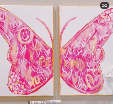 Vsco Canvas Paintings, Two Canvas Butterfly Painting, Preppy Paintings For Room, Preppy Butterfly Painting, Preppy Art Canvas, Cute Diy Paintings, Canvas Painting Preppy, Cute Preppy Paintings, Painting Ideas Preppy