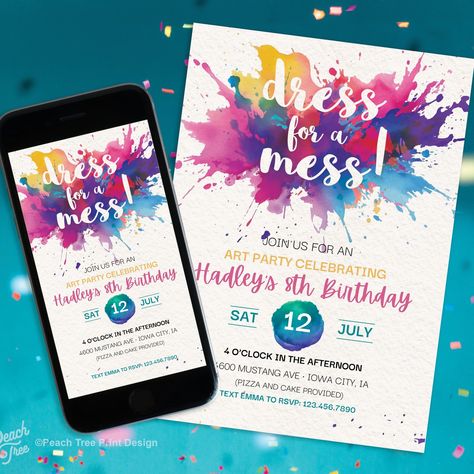 Put on your painting clothes and Dress for a Mess! Perfect for your little artist's next birthday party! 🎨 Editable Art Party Invitation: https://www.etsy.com/listing/1690428932 #etsy #artparty #dressforamess #paintingparty #printableinvitation #editableinvitation Art Birthday Party Invitations, Art Party Favors, Art Party Invitations, Thank You Party, Mobile Template, Art Birthday Party, Birthday Invites, Painting Party, Party Favor Tags