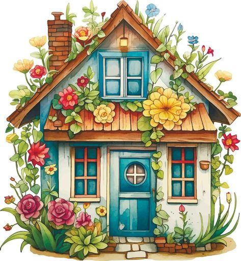 House Drawing Ideas, Fairy House Drawing, Watercolor House Painting, Flower House, Procreate Ipad Art, Watercolor Paintings Easy, House Illustration, Cottage Art, House Drawing