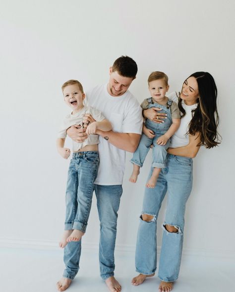 I can’t help but to share all of these! Thank you @kortniellettphoto for capturing our family so perfectly! I will cherish these forever We’ve done good @loganmckay55 ❤️ Family Photo Denim And White, Denim Cream Family Pictures, White Shirt Jeans Photoshoot Family, Family Photo Shoot Ideas Outfits, Casual Studio Family Photoshoot, Mama And Kids Photoshoot, Family Photoshoot White Shirt And Jeans, Family Pictures Jeans And White Shirts, Black And White Studio Family Photos