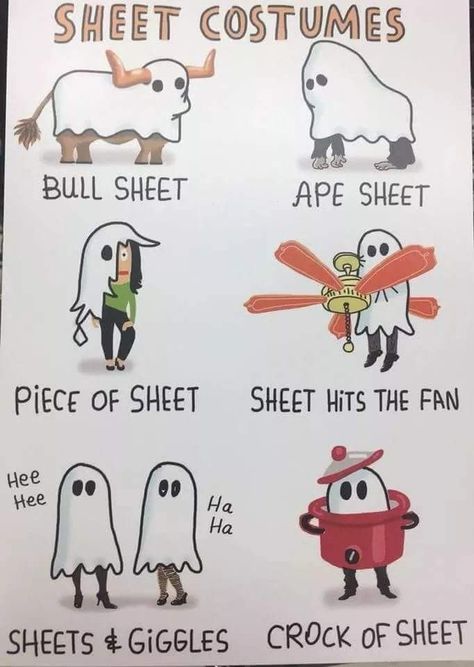 sheet costumes (bullsheet, sheets & giggles) Sheet Costumes Funny, Sheet Costume, Funny Halloween Memes, Volunteer Ideas, Halloween Jokes, Halloween Memes, Halloween Cartoons, Mötley Crüe, Holiday Humor