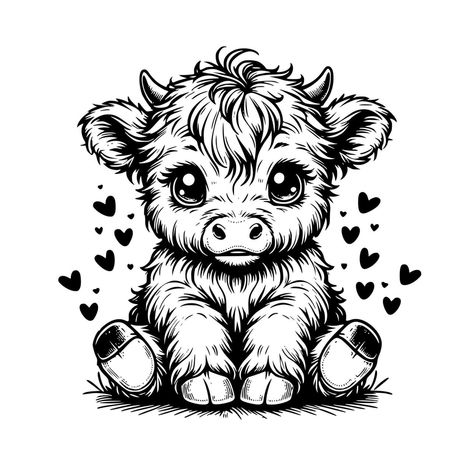 Hiland Cow Tattoos, Highlander Cow Tattoo, Fuzzy Cow Tattoo, Mini Highland Cow Tattoo, Cow Tattoo Stencil, Highland Cow Sketch Easy, Highland Cow Outline Tattoo, Highland Cow Art Drawings, Cute Highland Cow Drawing