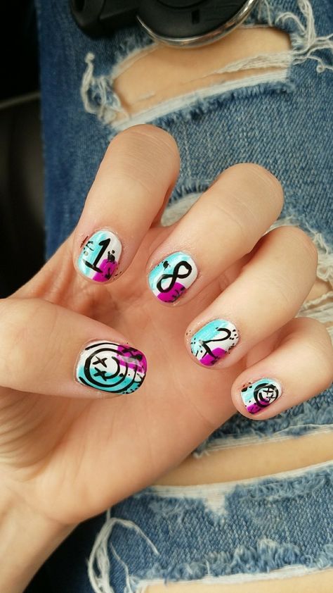 #blink182 nails! Blink 182 Nail Art, Blink 182 Nails, Scene Accessories, Colourful Nails, Band Nails, Festival Inspo, Punk Nails, Heart Nail, Nine Inch Nails