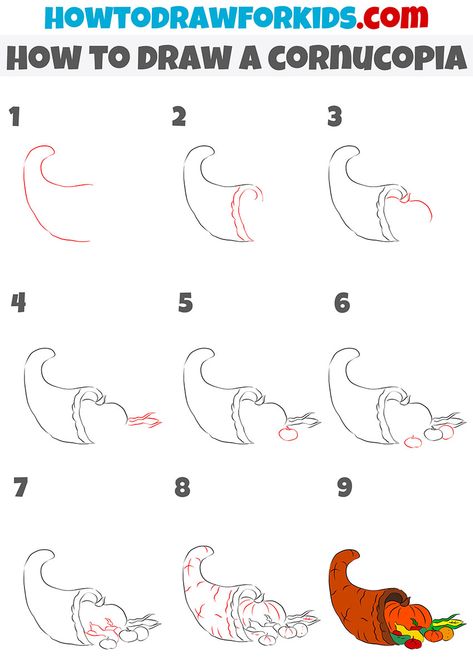 Thanksgiving Step By Step Drawing, How To Draw A Cornucopia Step By Step, How To Draw A Cornucopia, Thanksgiving Drawings Easy Step By Step, Cornucopia Drawing Easy, Thanksgiving Drawings Easy, Cornucopia Drawing, Holiday Drawings, Calendar Doodles