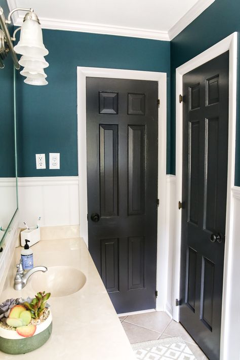 Teal Painted Bathroom Makeover | blesserhouse.com - A boring, dated beige bathroom gets a fresh teal painted makeover with Magnolia Home Paint in the color Weekend and Ben Moore Simply White and Wrought Iron. Magnolia Home Paint, Teal Bathroom Ideas, Teal Bathroom, Painted Bathroom, Home Paint, Teal Paint, Beige Bathroom, Bathroom Color, Simply White