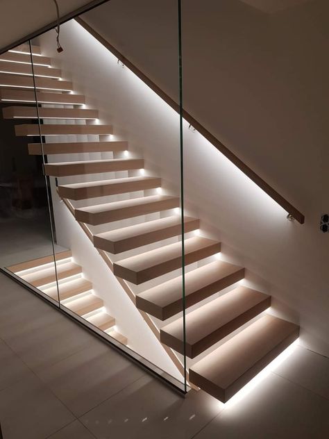 Staircase Design With Lights, Stairs To Garage, Lighting Staircase, Garage Stairs, Staircase Design Modern, Stairs Design Interior, Stairway Design, Floating Stairs, Townhouse Designs