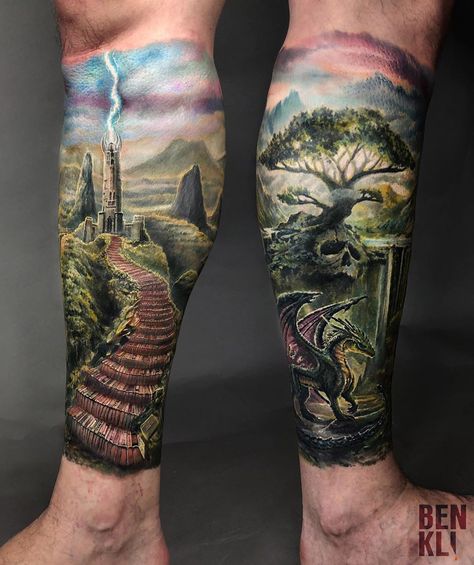 Fantasy World by Ben Klishevskiy, an artist working at Banana Tattoo in Moscow, Russia. Fantasy World Tattoo, Fantasy Tattoo Ideas, Final Fantasy Tattoo, Clouds Tattoo, Fantasy Tattoo, Nature Tattoo Sleeve, Army Tattoos, Worlds Best Tattoos, Fantasy Realm