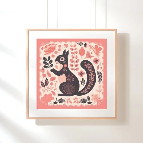 TwoPoodlePress - Etsy Folk Art Squirrel, Folk Art Nursery, Staircase Art Wall, Fall Folk Art, Cottagecore Posters, Eclectic Office, Staircase Art, Squirrel Decor, Pink Squirrel