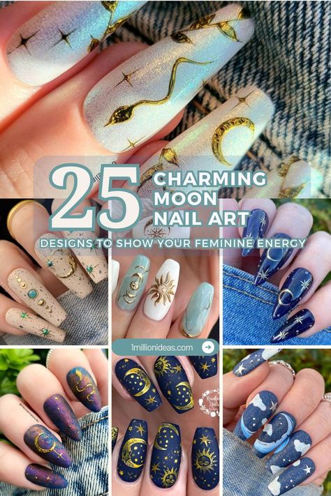 A collection of 25 charming moon nail art designs that gracefully showcase your feminine energy with celestial motifs. Zodiac Nail Designs, Moon Nail Art, Star Nail Designs, Feminine Symbols, Acrylic Nails At Home, Star Nail Art, Moon Nails, Dark Nails, Star Nails