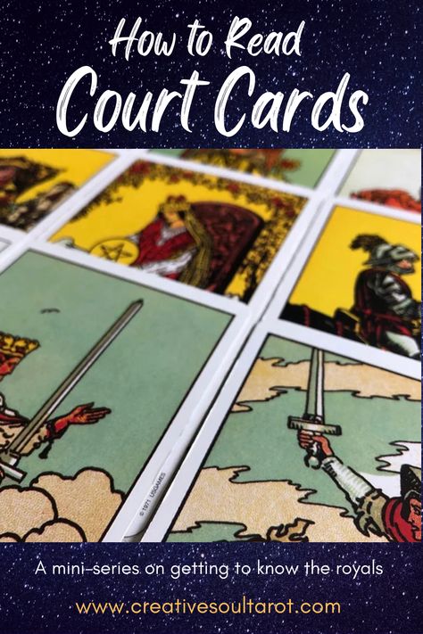 One of the most common sticking points when it comes to learning tarot, is how to interpret the Court Cards. This mini-series takes a deep dive into the royals, suit by suit. #tarot #tarotreading #howtoreadtarot #courtcards #tarotcourtcards #howtoreadcourtcards #creativesoultarot #tarotforbeginners Court Cards Tarot Meaning, Tarot Court Cards, Suit Of Pentacles, King Of Cups, Learning Tarot, Court Cards, Swords Tarot, Tarot Book, Tarot Meanings