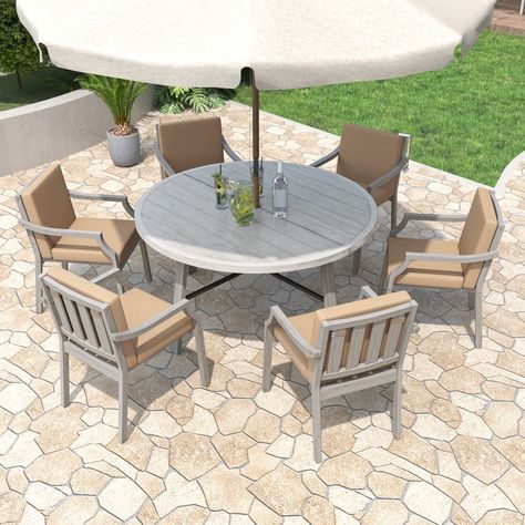 7-Piece Round Patio Dining Set, 6-Person Outdoor Wooden Dinning Table Set with Umbrella Hole and Removable Cushions for Backyard - Bed Bath & Beyond - 40357881 Wooden Dinning Table, Round Patio Dining Set, Backyard Bed, Dinning Table Set, Round Patio Table, Round Patio, Outdoor Tables And Chairs, Patio Dining Table, Outdoor Dining Furniture