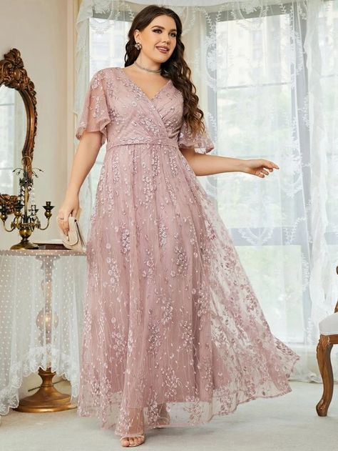 Plus Floral Embroidered Flutter Sleeve Overlap Collar Mesh Bridesmaid Dress | SHEIN USA Mesh Prom Dress, Mesh Bridesmaids Dress, Chiffon Lace Dress, Floral Bridesmaid Dresses, Plus Size Bridesmaid, Bridesmaid Dress Sizes, Bridesmaid Dresses Plus Size, فستان سهرة, Shein Dresses