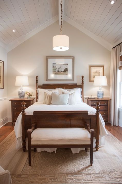 56 Simple and Modern English Country Cottage Bedroom Ideas - Quiet Minimal Guest Bedroom With Sitting Area, Clean Traditional Bedroom, Bedroom Inspirations Master Antique, Boston Bedroom Aesthetic, Ivory Guest Bedroom Ideas, Master Bedrooms Decor Cozy White Walls, Serene Guest Bedroom Ideas, Midwestern Bedroom, English Guest Bedroom