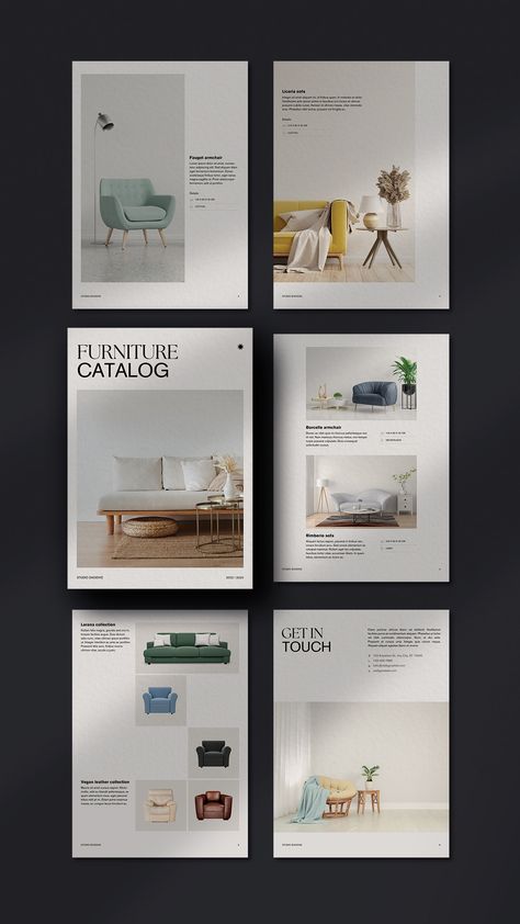 Free eye-catching and professional Canva product catalog templates. Facts Design Layout, Home Catalog Design, Minimalist Document Design, Interior Catalog Design Layout, Furniture Catalog Design Layout, Product Catalog Design Inspiration, Furniture Magazine Cover, Product Brochure Design Inspiration, Furniture Magazine Layout