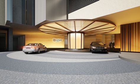 Grand design : car pickup/drop off point Drop Off Point Architecture, Drop Off Point Design Architecture, Car Drop Off Design Architecture, Entrance Lobby Design Residential, Lobby Design Residential, Entrance Lobby Design, Canopy Lighting, Entry Design, Drop Zone