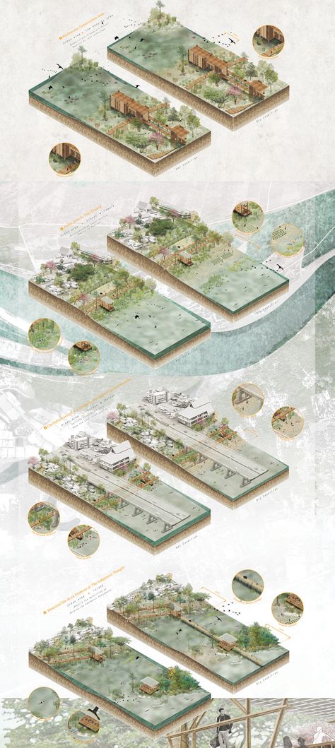 Landscape Design Axonometric, Axonometric Landscape Architecture, Landscape Architecture Axonometric, Architecture In Forest, Floodplain Architecture, Forest Architecture Concept, Landscape Architecture Sections, River Architecture Concept, Site Zoning Architecture Diagram